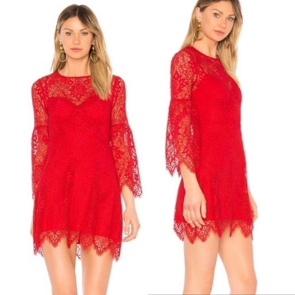 BCBGMaxAzria Daniela Red Lace Trumpet Flare Sleeve Mini Dress Sz 10